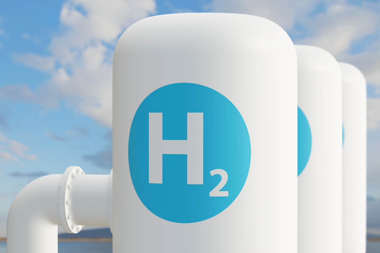 Hydrogen gas fuel storage tank. Renewable energy storage unit - 3d rendering